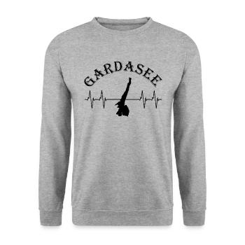 Ästhetischer Gardasee Italien Liebhaber Geschenk - Unisex Pullover - Weißgrau meliert - Vorne - Alina (178cm) & Michal (187cm)