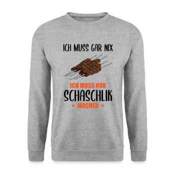 Schaschlik Pflichtfrei Entspannt Lebensmotto - Unisex Pullover - Weißgrau meliert - Vorne - Alina (178cm) & Michal (187cm)