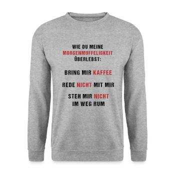 Überlebensguide Morgenmuffel Kaffee Geschenk - Unisex Pullover - Weißgrau meliert - Vorne - Alina (178cm) & Michal (187cm)