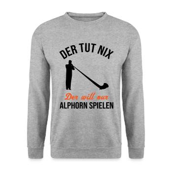 Alphorn Geschenk - Nur spielen, kein Tun - Unisex Pullover - Weißgrau meliert - Vorne - Alina (178cm) & Michal (187cm)