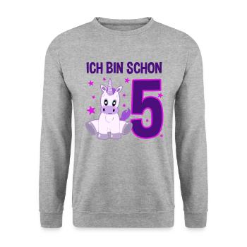 Einhorn 5. Geburtstag Sternenfest - Unisex Pullover - Weißgrau meliert - Vorne - Alina (178cm) & Michal (187cm)