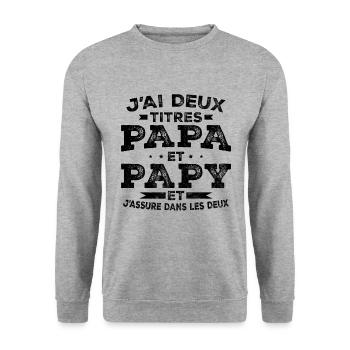 J ai Deux Titres Papa Et Papy - Sweat-shirt Unisexe - gris chiné - Devant - Alina (178cm) & Michal (187cm)