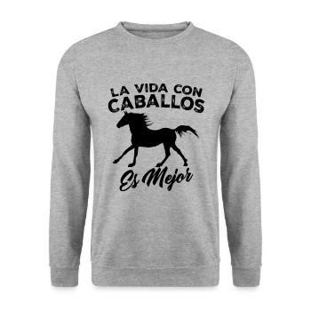 Das Leben mit Pferden ist besser - Unisex Pullover - Weißgrau meliert - Vorne - Alina (178cm) & Michal (187cm)