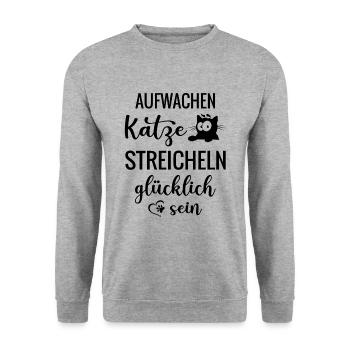 Katze streicheln glücklich sein - Unisex Pullover - Weißgrau meliert - Vorne - Alina (178cm) & Michal (187cm)