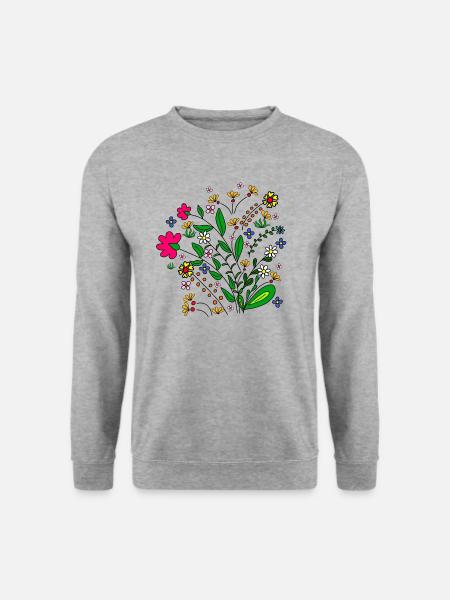 Blumenwiese Blumenmuster Blumenranke Blüte floral - Unisex Pullover - Weißgrau meliert