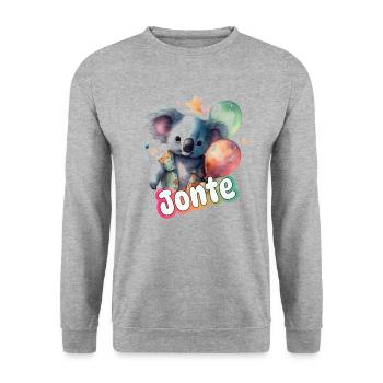 JONTE - Schöner Junge Name mit süßem PANDA - Unisex Pullover - Weißgrau meliert - Vorne - Alina (178cm) & Michal (187cm)