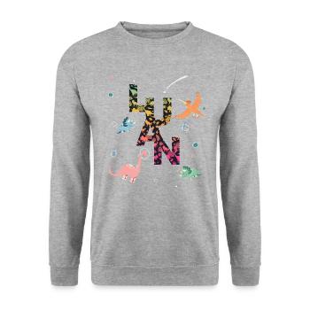 LUAN - Schöner Jungen Name mit Dinosaurier - Unisex Pullover - Weißgrau meliert - Vorne - Alina (178cm) & Michal (187cm)