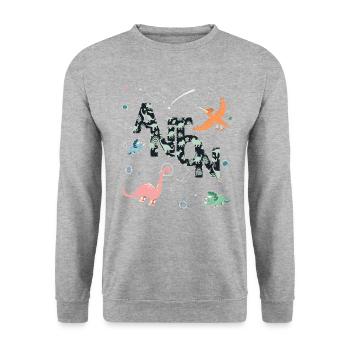 ANTON - Beau prénom de garçon avec dinosaure - Sweat-shirt Unisexe - gris chiné - Devant - Alina (178cm) & Michal (187cm)