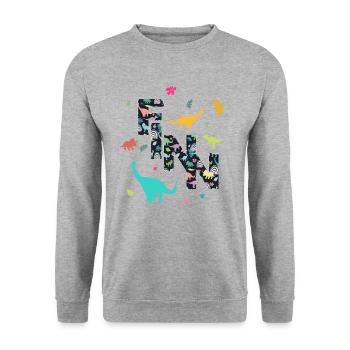 FINN - Schöner Jungen Name mit Dinosaurier - Unisex Pullover - Weißgrau meliert - Vorne - Alina (178cm) & Michal (187cm)