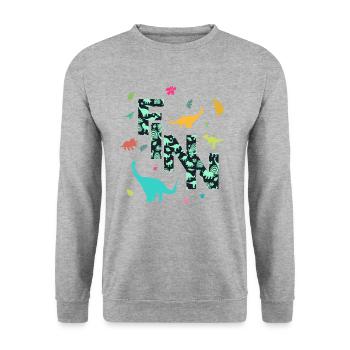 FINN - Schöner Jungen Name mit Dinosaurier - Unisex Pullover - Weißgrau meliert - Vorne - Alina (178cm) & Michal (187cm)
