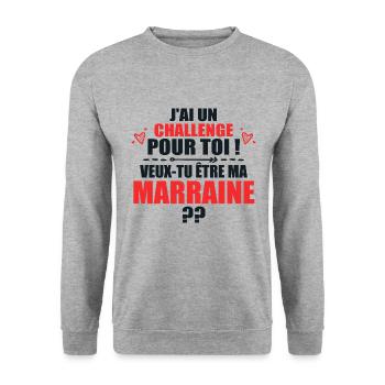 Nouveau Challenge Veux-tu être ma Marraine? - Sweat-shirt Unisexe - gris chiné - Devant - Alina (178cm) & Michal (187cm)
