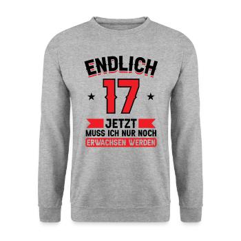 17. Geburtstag Jetzt nur noch erwachsen werden - Unisex Pullover - Weißgrau meliert - Vorne - Alina (178cm) & Michal (187cm)