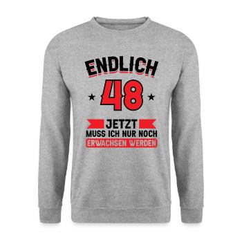 48. Geburtstag Jetzt nur noch erwachsen werden - Unisex Pullover - Weißgrau meliert - Vorne - Alina (178cm) & Michal (187cm)