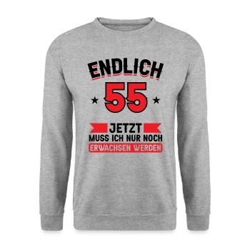 55. Geburtstag Jetzt nur noch erwachsen werden - Unisex Pullover - Weißgrau meliert - Vorne - Alina (178cm) & Michal (187cm)