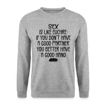 Lustige Neuheit für Erwachsene Euchre - Unisex Pullover - Weißgrau meliert - Vorne - Alina (178cm) & Michal (187cm)