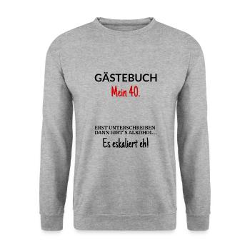 Gästebuch T Shirt 40. Geburtstag - Unisex Pullover - Weißgrau meliert - Vorne - Alina (178cm) & Michal (187cm)