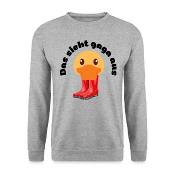 Ente mit Gummistiefel - Das sieht gaga aus. - Unisex Pullover - Weißgrau meliert - Vorne - Alina (178cm) & Michal (187cm)