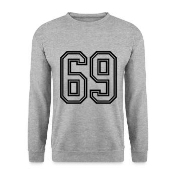 69 Zahl Symbol - Unisex Pullover - Weißgrau meliert - Vorne - Alina (178cm) & Michal (187cm)