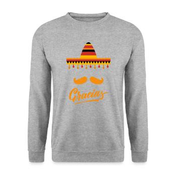 Moustache Gracias Humour Jeu de Mot Muchas Gracias - Sweat-shirt Unisexe - gris chiné - Devant - Alina (178cm) & Michal (187cm)