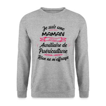 Maman et une Auxiliaire Puériculture Humour - Sweat-shirt Unisexe - gris chiné - Devant - Alina (178cm) & Michal (187cm)