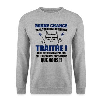 Départ Collègue Collègues Cadeau Traître Chat - Sweat-shirt Unisexe - gris chiné - Devant - Alina (178cm) & Michal (187cm)