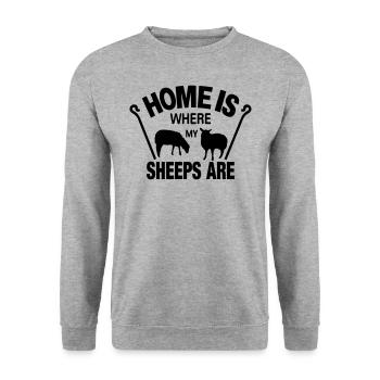 Schafe Schaf Schäfer Geschenkidee lustig Home is - Unisex Pullover - Weißgrau meliert - Vorne - Alina (178cm) & Michal (187cm)