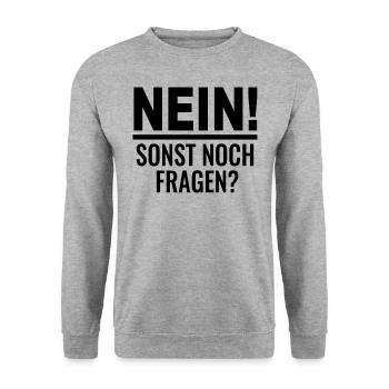 Lustige Sprüche Spruch Nein! Sonst noch Fragen? - Unisex Pullover - Weißgrau meliert - Vorne - Alina (178cm) & Michal (187cm)