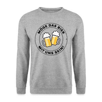 Möge Das Bier Mit Uns Sein! (Spruch / 3C / POS) - Unisex Pullover - Weißgrau meliert - Vorne - Alina (178cm) & Michal (187cm)