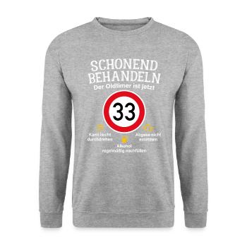 33. Geburtstag Schonend Behandeln Oldtimer Ist 33 - Unisex Pullover - Weißgrau meliert - Vorne - Alina (178cm) & Michal (187cm)