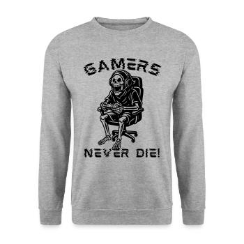 Gamers Never Die – Zocker Skelett Design - Unisex Pullover - Weißgrau meliert - Vorne - Alina (178cm) & Michal (187cm)