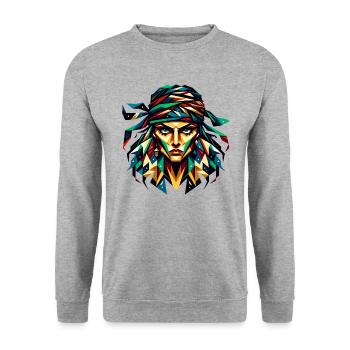 Geometric Pirate Woman: Medieval Abstract Art - Unisex Sweatshirt - salt & pepper - Front - Alina (178cm) & Michal (187cm)