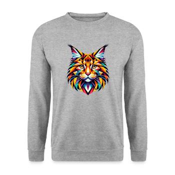 Geometrische Maine Coon Katze: Lebendiges abstraktes Mosaik - Unisex Pullover - Weißgrau meliert - Vorne - Alina (178cm) & Michal (187cm)