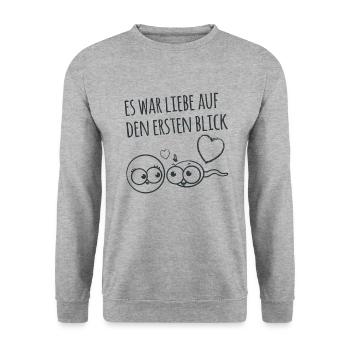 Es war Liebe auf den ersten Blick. T-Shirt, lustig - Unisex Pullover - Weißgrau meliert - Vorne - Alina (178cm) & Michal (187cm)