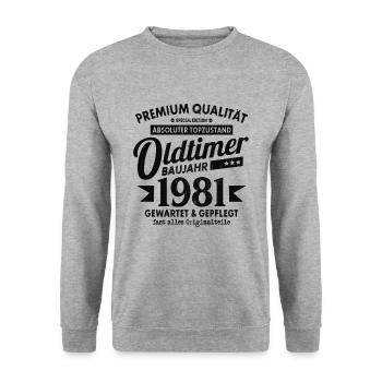 OLDTIMER 1981 LUSTIG 41 JAHRE GEBURTSTAG GESCHENK - Unisex Pullover - Weißgrau meliert - Vorne - Alina (178cm) & Michal (187cm)