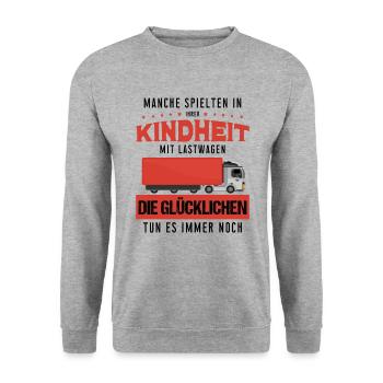 Manche spielten in Kindheit mit Lastwagen LKW - - - Unisex Pullover - Weißgrau meliert - Vorne - Alina (178cm) & Michal (187cm)