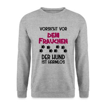 Vorsicht vor dem Frauchen der Hund ist harmlos - Unisex Pullover - Weißgrau meliert - Vorne - Alina (178cm) & Michal (187cm)