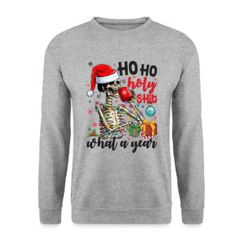 Ho Ho Holy What A Year Skeleton Drinking Coffee - Unisex Sweatshirt - salt & pepper - Front - Alina (178cm) & Michal (187cm)
