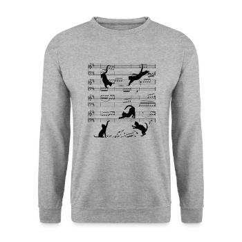 Katzen auf Notenlinien - Unisex Pullover - Weißgrau meliert - Vorne - Alina (178cm) & Michal (187cm)