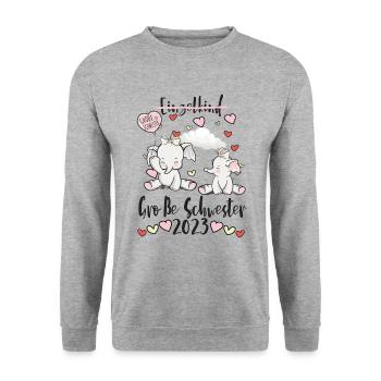 Große Schwester 2023 Elefanten Design für Mädchen - Unisex Pullover - Weißgrau meliert - Vorne - Alina (178cm) & Michal (187cm)