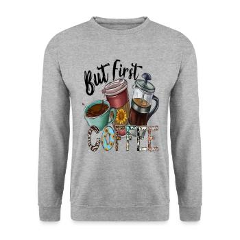 But First Coffee - Unisex Pullover - Weißgrau meliert - Vorne - Alina (178cm) & Michal (187cm)