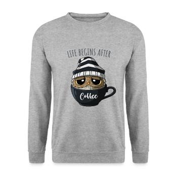 Kaffee Eule Sprüche Kaffeeliebhaber Kaffeetrinker - Unisex Pullover - Weißgrau meliert - Vorne - Alina (178cm) & Michal (187cm)