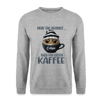 Jeden Tag Kaffee Eule Spruch - Unisex Pullover - Weißgrau meliert - Vorne - Alina (178cm) & Michal (187cm)