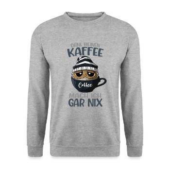 Eule Kaffee Kaffeetasse Spruch - Unisex Pullover - Weißgrau meliert - Vorne - Alina (178cm) & Michal (187cm)