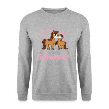 Große Schwester 2024 Pferd Design für Mädchen - Unisex Pullover - Weißgrau meliert - Vorne - Alina (178cm) & Michal (187cm)