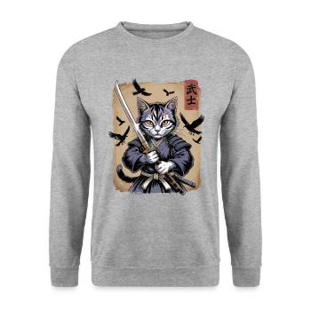 Japanese Ukiyo-e Art Kawaii Samurai Cat Art - Unisex Sweatshirt - salt & pepper - Front - Alina (178cm) & Michal (187cm)