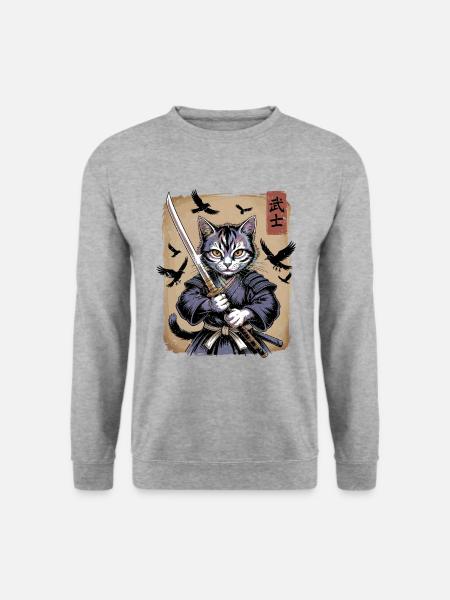 Japanische Ukiyo-e Kunst Kawaii Samurai Katze Kunst - Unisex Pullover - Weißgrau meliert