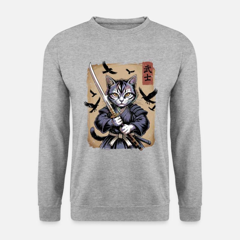 Japanische Ukiyo-e Kunst Kawaii Samurai Katze Kunst - Unisex Pullover - Weißgrau meliert