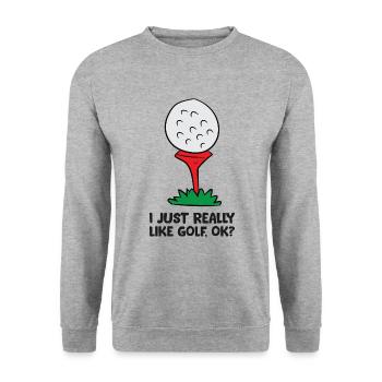 Ich mag Golf einfach sehr, okay? Lustiges Golf - Unisex Pullover - Weißgrau meliert - Vorne - Alina (178cm) & Michal (187cm)