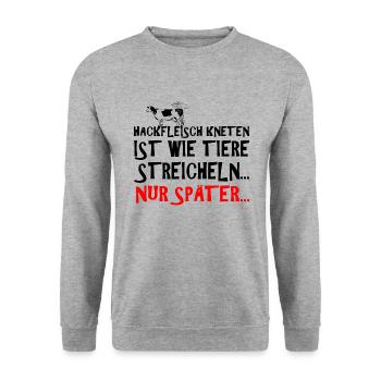 Hackfleisch kneten ist wie Tiere streicheln - Unisex Pullover - Weißgrau meliert - Vorne - Alina (178cm) & Michal (187cm)