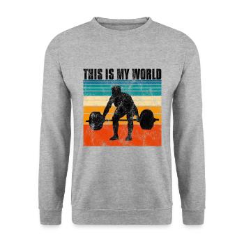 Bodybuilding c’est mon monde Bodybuilder rétro - Sweat-shirt Unisexe - gris chiné - Devant - Alina (178cm) & Michal (187cm)